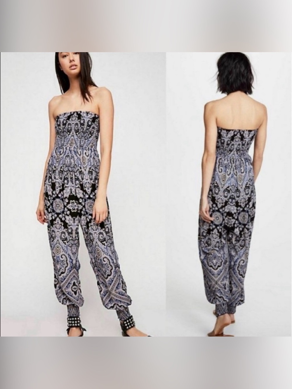 Free People Strapless Paisley Jumpsuit in Black & Blue